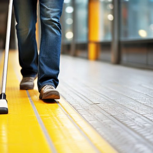 Close-up of a blind man walking along a tactile tile with a cane. Inclusive, accessibility and friendly environment in the self-orientation while moving through the streets of the city Close-up of a blind man walking along a tactile tile with a cane. Inclusive, accessibility and friendly environment in the self-orientation while moving through the streets of the city