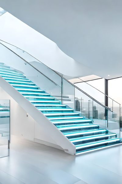 Modern white staircase with glass banister beautiful building Modern white staircase with glass banister beautiful building