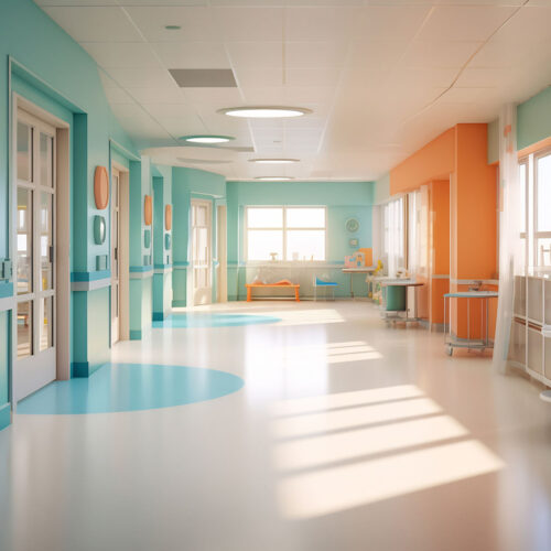 Long corridor in hospital with doors and reflections. Children’s hospital concept Long corridor in hospital with doors and reflections. Children's hospital concept